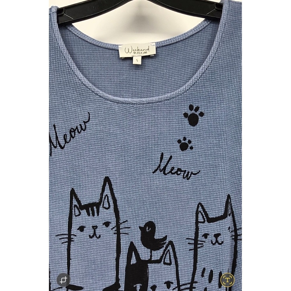 Jess & Jane NWT Katz Tank Top Cats Meow Womens Medium Blue Waffle Knit WK12-1998 - Picture 7 of 7